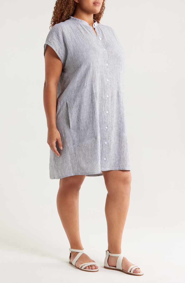 Eileen Fisher Band Collar Stripe Organic Linen Shirtdress, Alternate, color, Ink