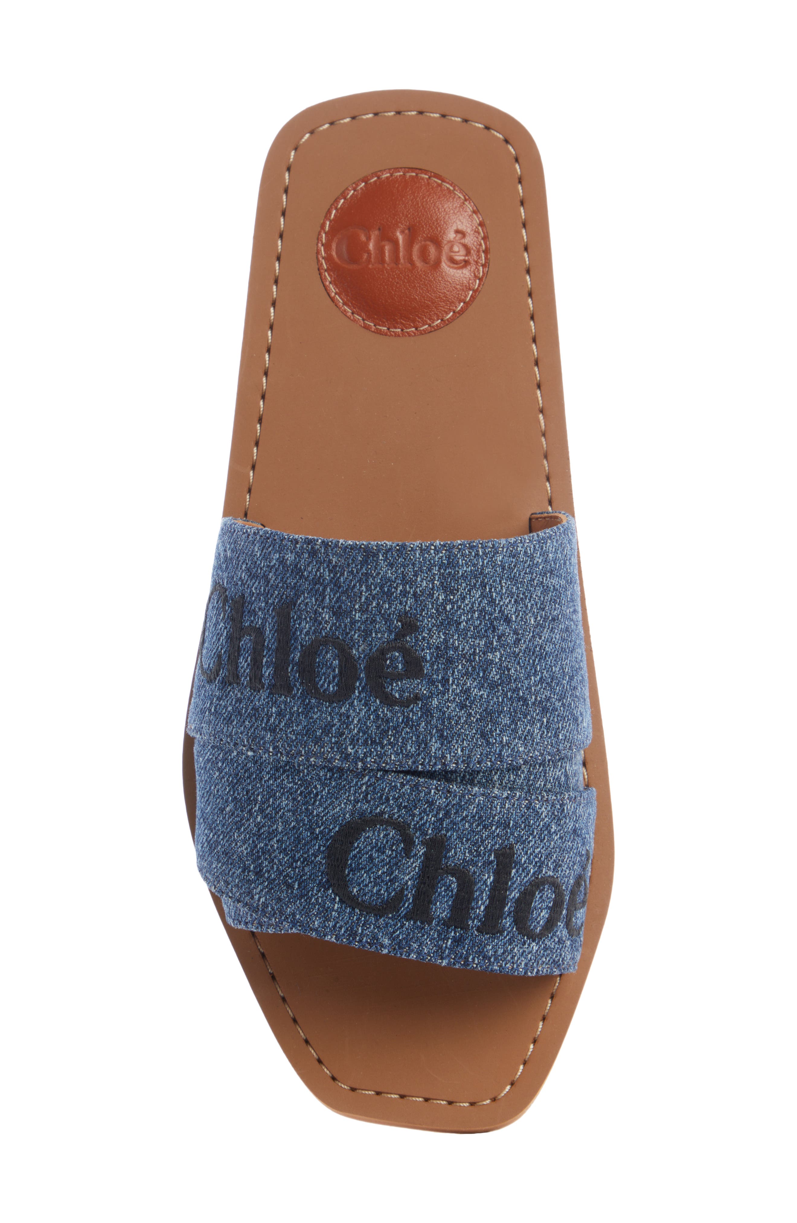 Chloé Woody Logo Denim Slide Sandal, Alternate, color, 