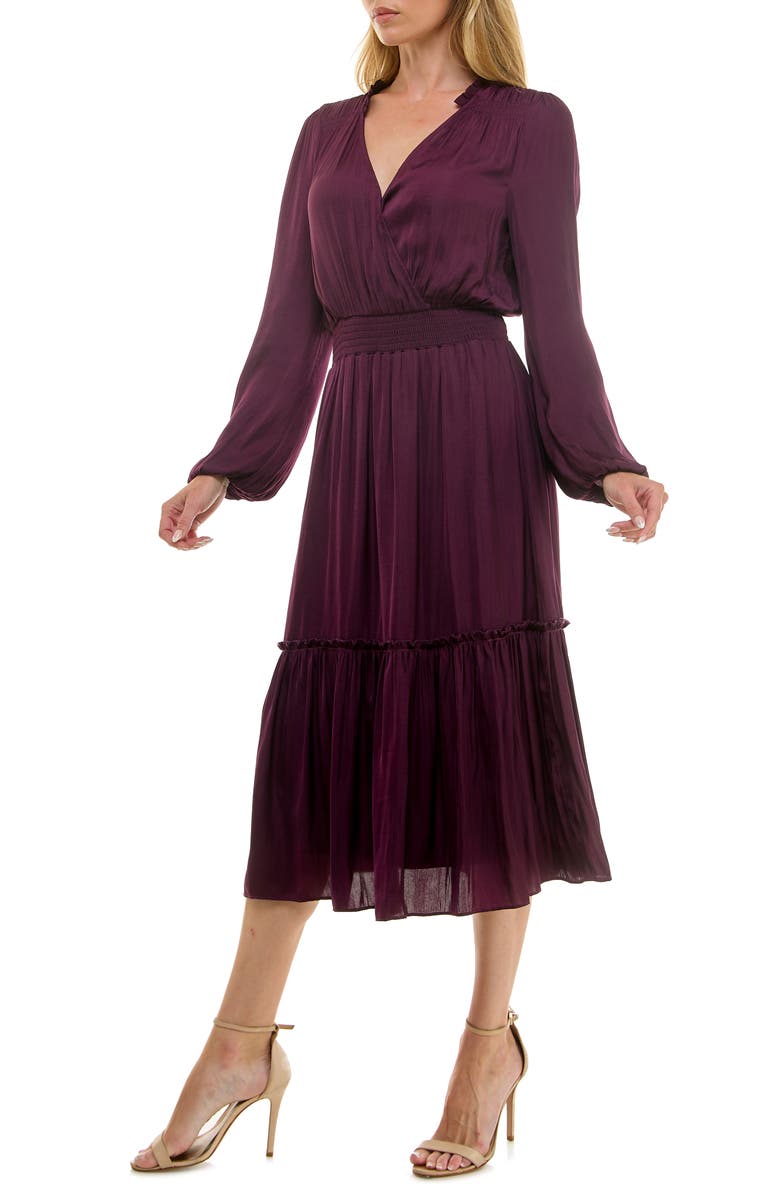 Socialite Long Sleeve Tiered Midi Dress, Alternate, color, Burgundy