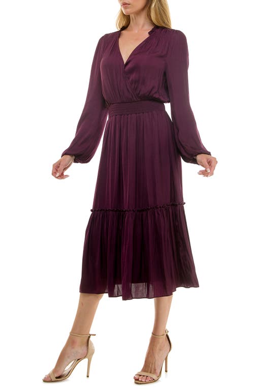 Socialite Long Sleeve Tiered Midi Dress In Burgundy