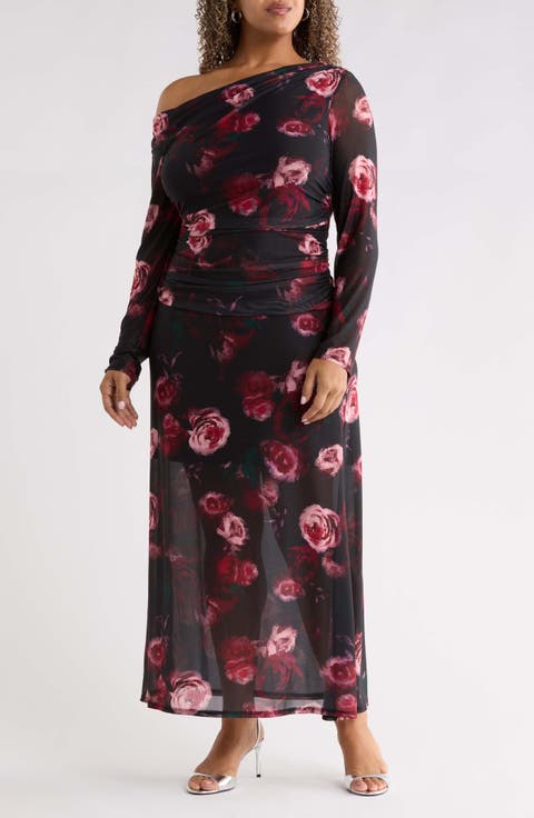 One-Shoulder Ruched Mesh Maxi Dress