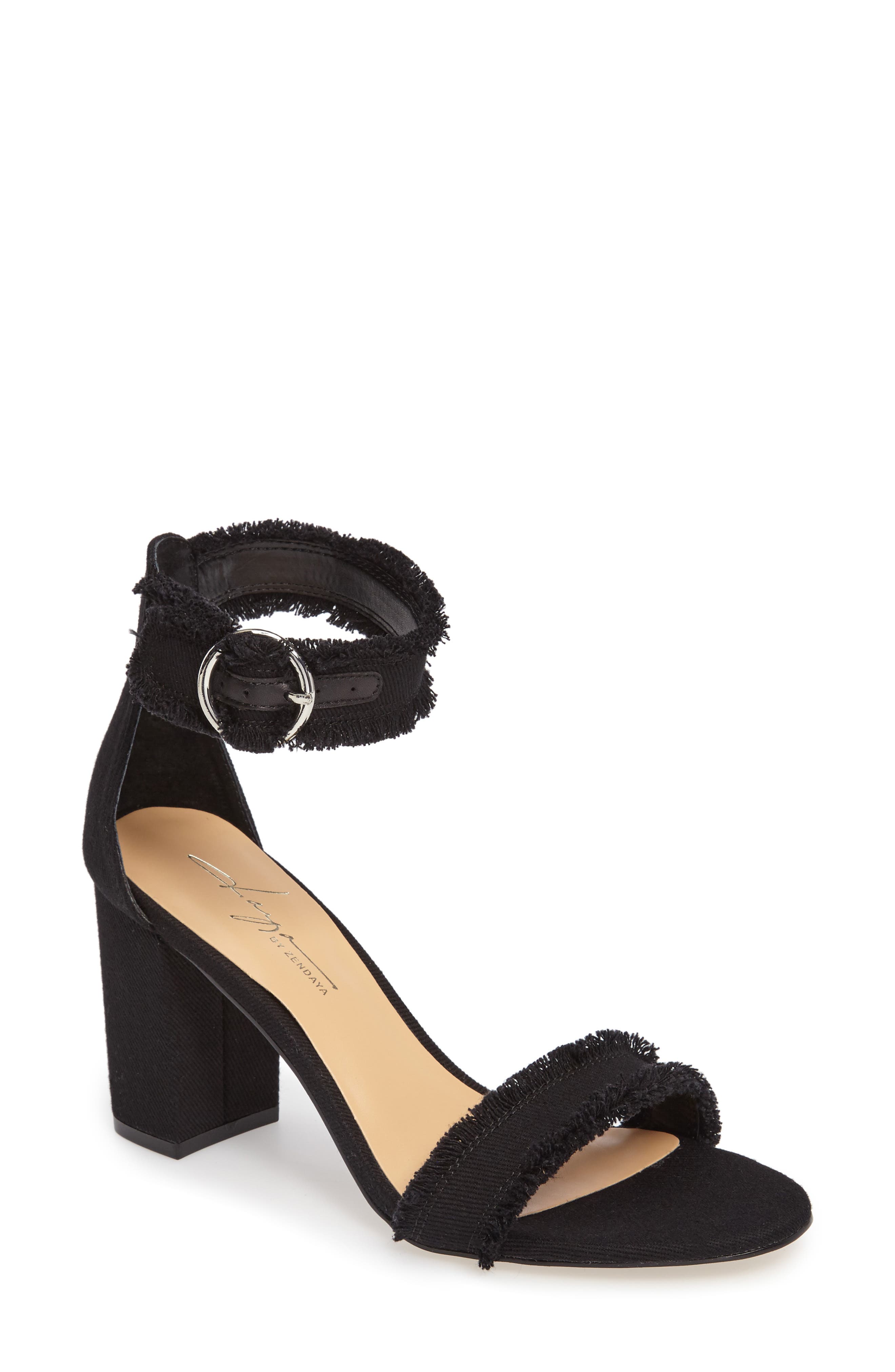 Daya by Zendaya Shasta Fringe Denim Ankle Strap Sandal, Main, color, 