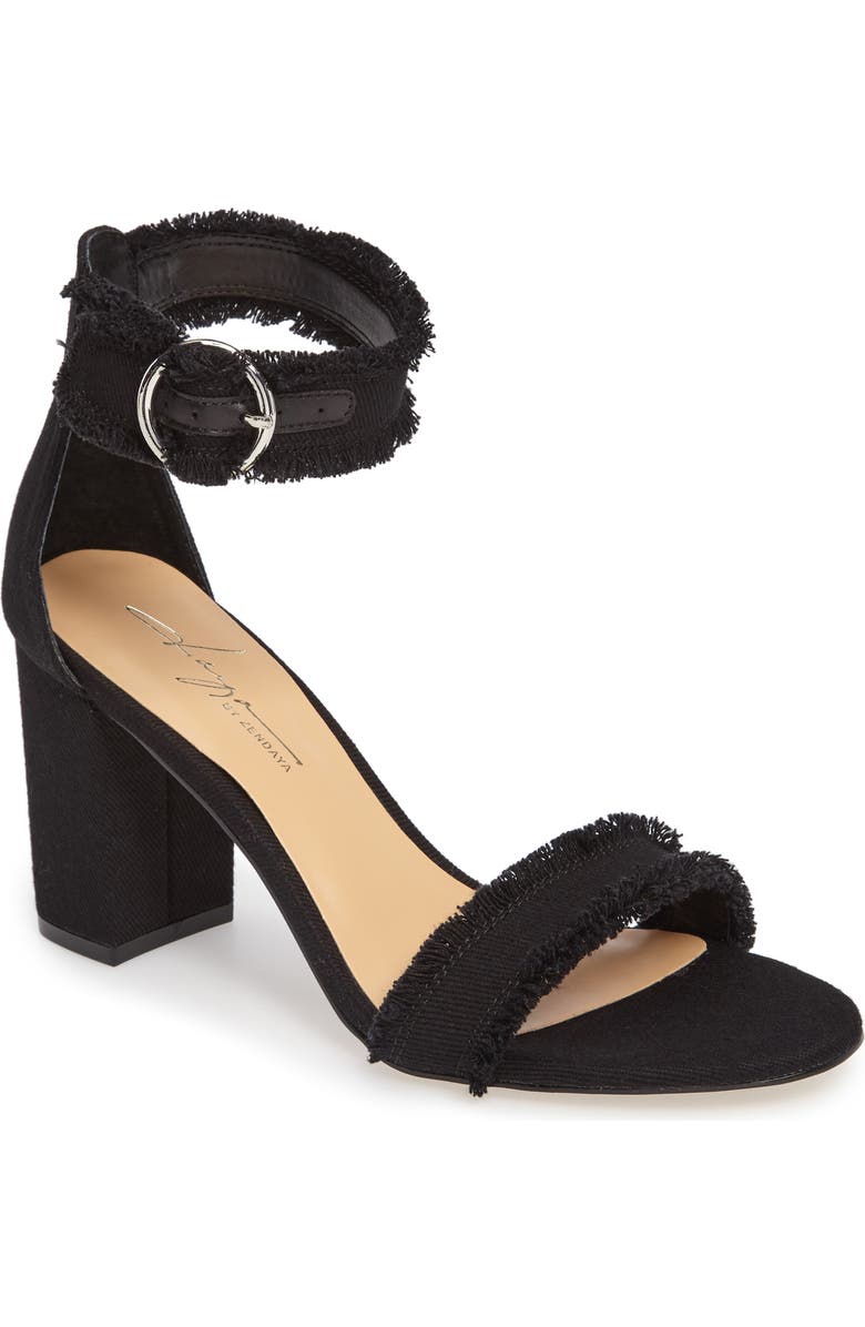 Daya by Zendaya Shasta Fringe Denim Ankle Strap Sandal, Main, color,