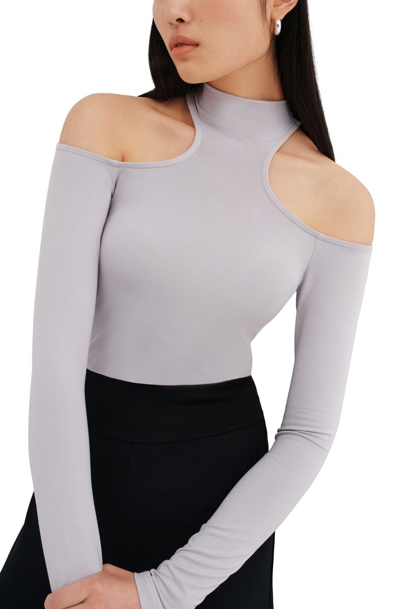 Two Lines by Marcella Cairo Cutout Mock Neck Top, Alternate, color, Storm Gray