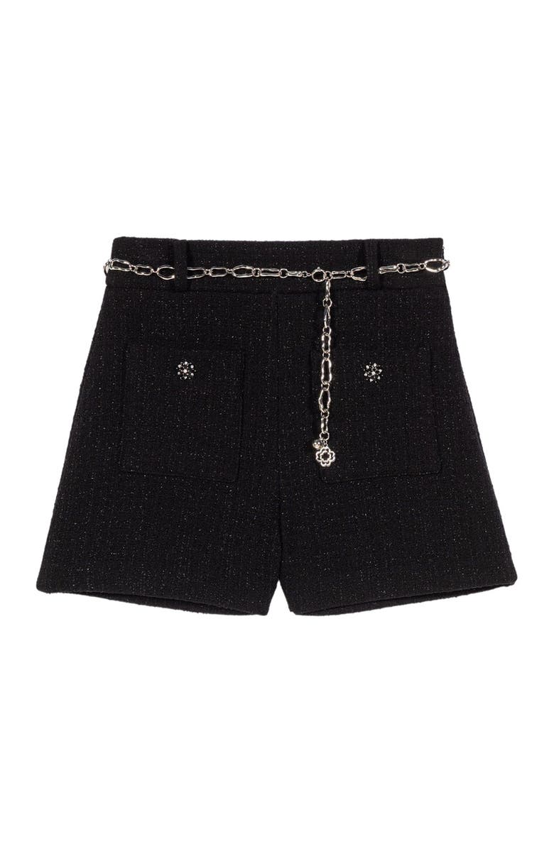 maje Shiny tweed shorts, Main, color, Black