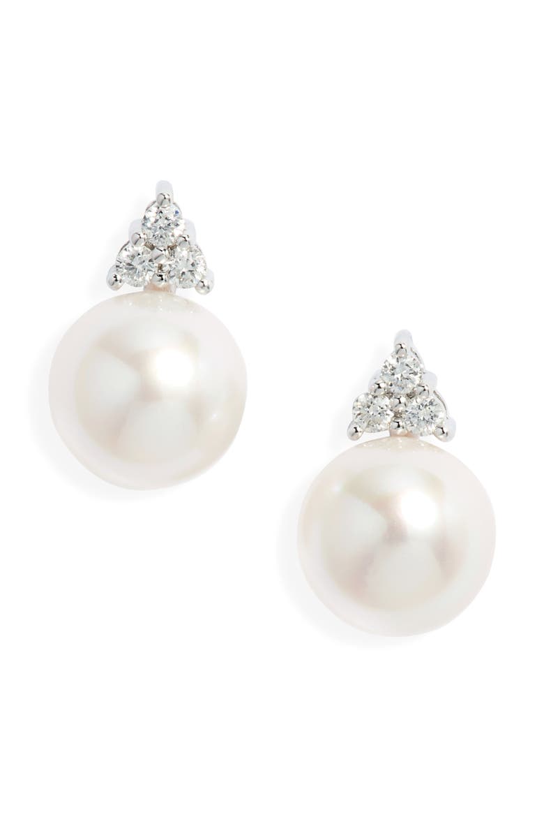 Diamond & Akoya Pearl Stud Earrings, Main, color, WHITE- 14K WHITE GOLD