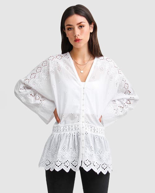 Belle & Bloom Unbutton Me Eyelet Button Down Shirt In White