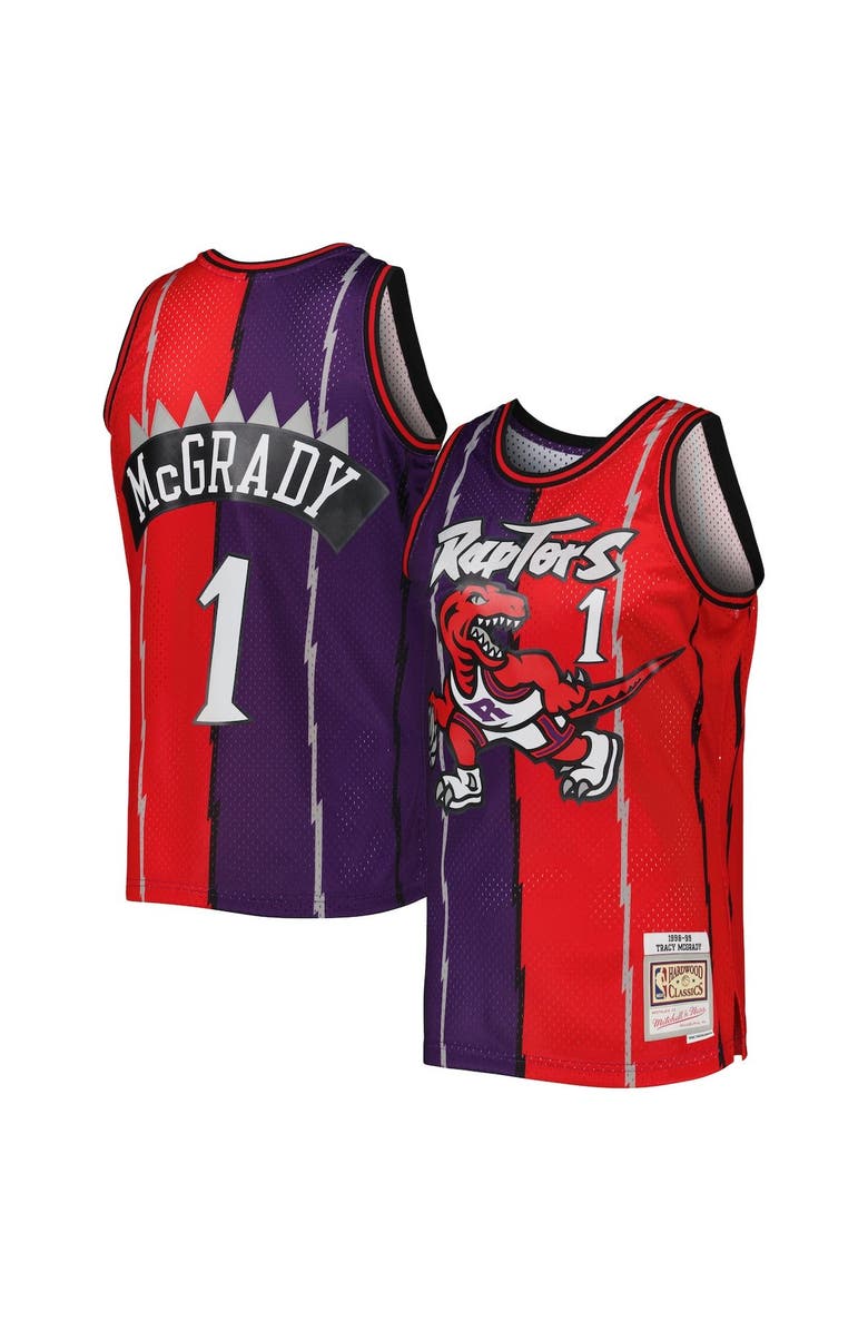 Mitchell & Ness Men's Mitchell & Ness Tracy McGrady Purple/Red Toronto Raptors Hardwood Classics 1998/99 Split Swingman Jersey, Alternate, color, 