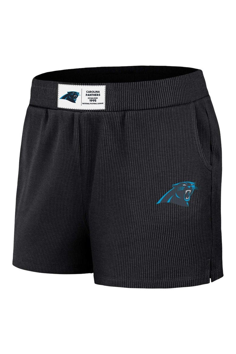 Women's WEAR by Erin Andrews Black Carolina Panthers Waffle Knit Long Sleeve T-Shirt & Shorts Lounge Set, Alternate, color, Black