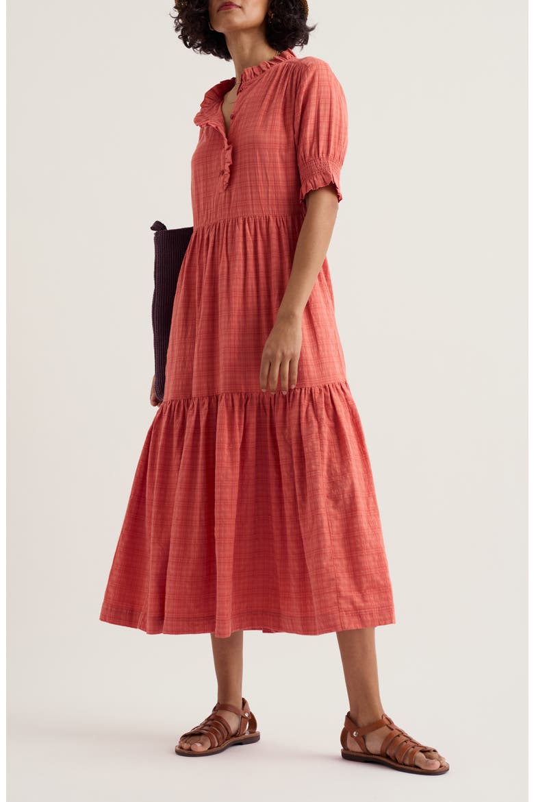 Feather Star Puff Sleeve Tiered Organic Cotton Blend Dress, Main, color, DUSKY CORAL