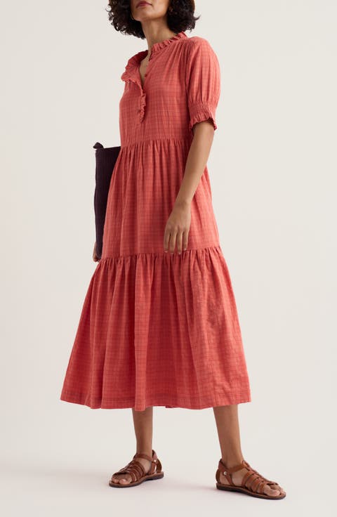 Feather Star Puff Sleeve Tiered Organic Cotton Blend Dress