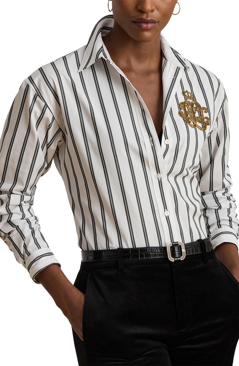 Lauren Ralph Lauren Relaxed Fit Stripe Cotton Button-Up Shirt, Main, color, White/ Black