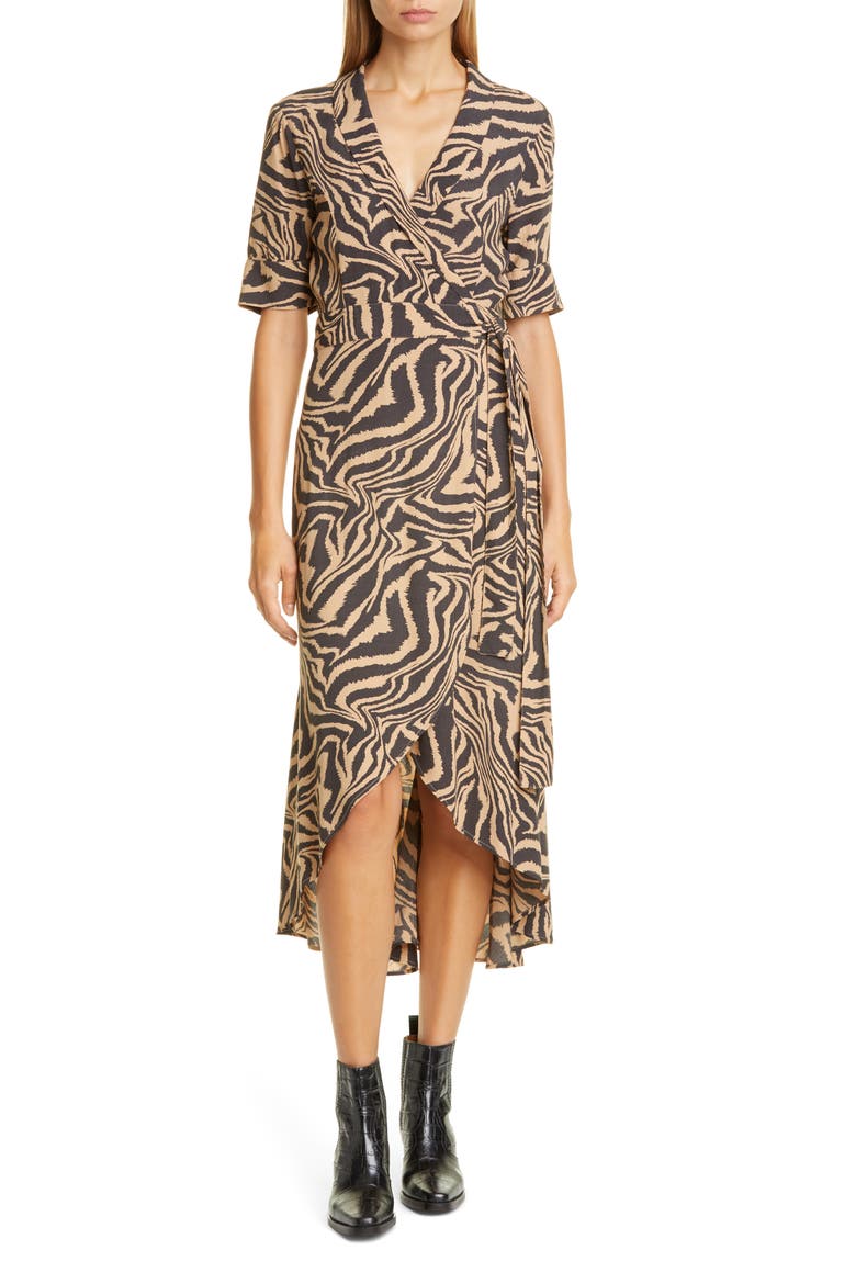 Tiger Stripe Print Wrap Midi Dress, Main, color, TANNIN