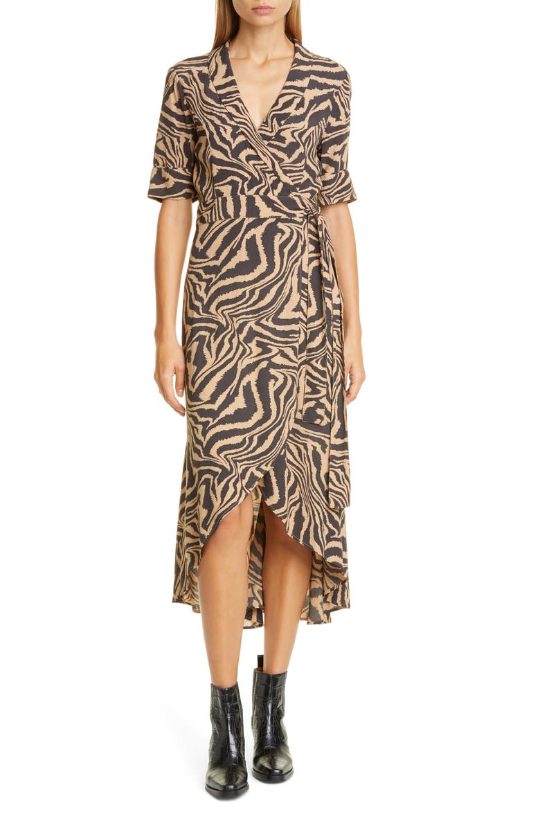 Ganni Tiger Stripe Print Wrap Midi Dress, Main, color, 