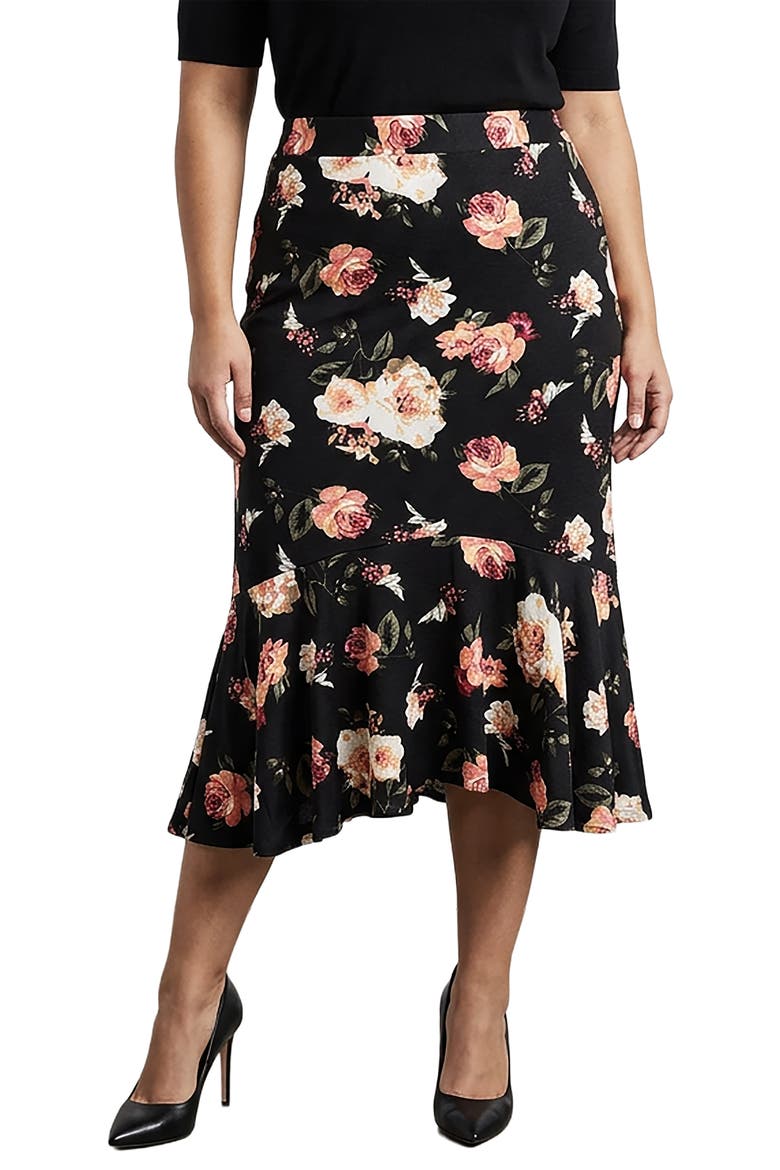 Floral Print Midi Skirt, Main, color, BLACK FLORAL