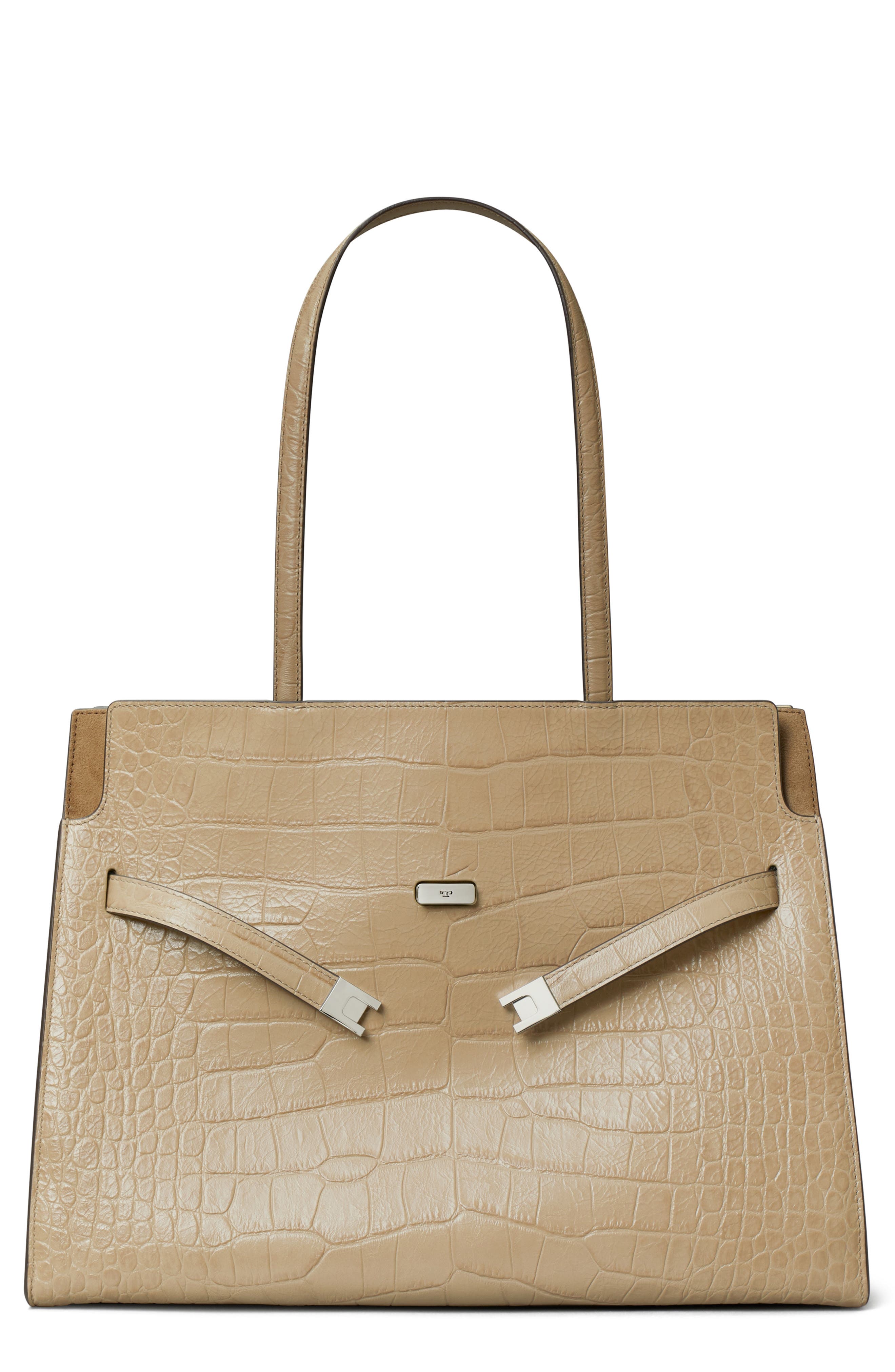 Tory Burch Lee Radziwill Croc Embossed Leather Tote, Main, color, Ginger Leaf