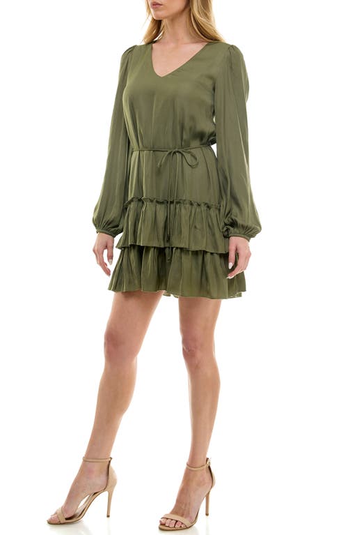 Socialite Tiered Long Sleeve Satin Dress In Dusty Olive