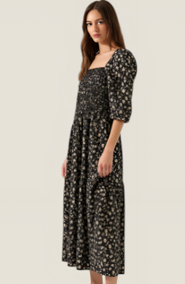 Modenaire Floral Print Woven Midi Dress with Smocked Bodice, Puff Sleeves and Tiered Ruffle Skirt, Alternate, color, 