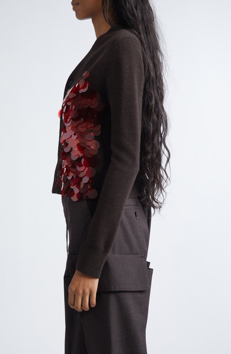 Sacai Sequin Embroidered Wool Cardigan, Alternate, color, Brown/ Red