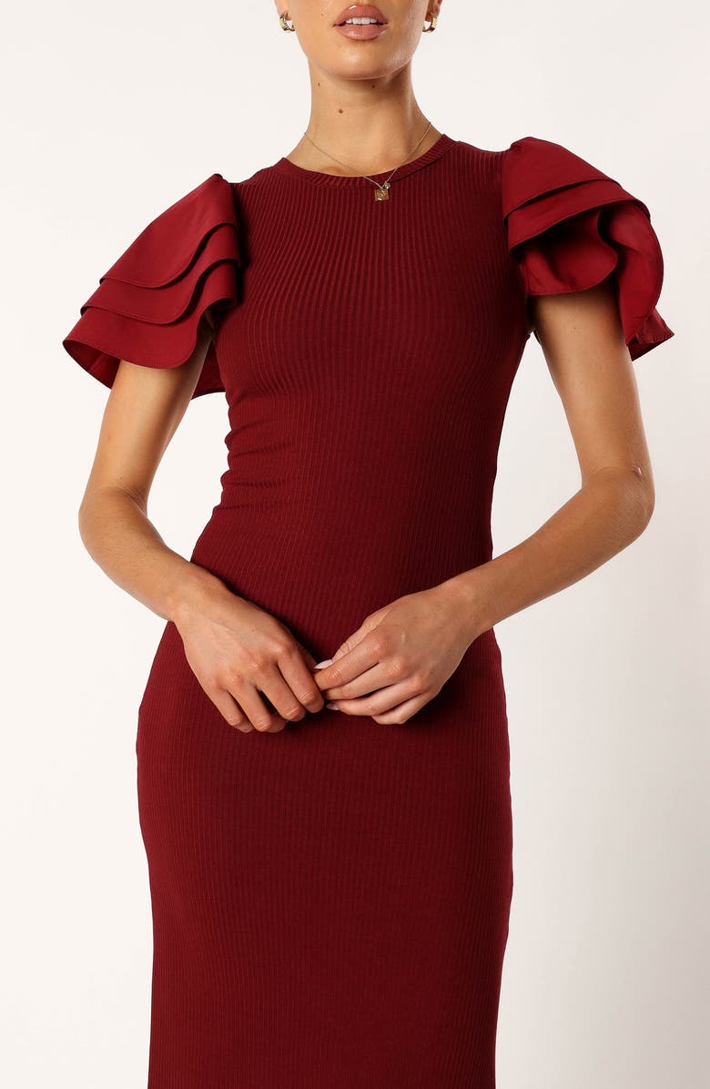 Petal & Pup Cally Ruffle Sleeve Body-Con Sweater Dress, Alternate, color, Wine
