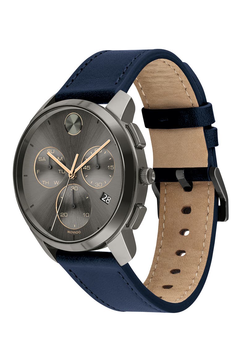 Bold Thin Grey Dial Chronograph Leather Strap Watch, 42mm, Alternate, color, GREY