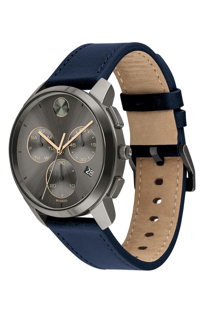 Movado Bold Thin Grey Dial Chronograph Leather Strap Watch, 42mm, Alternate, color, Grey