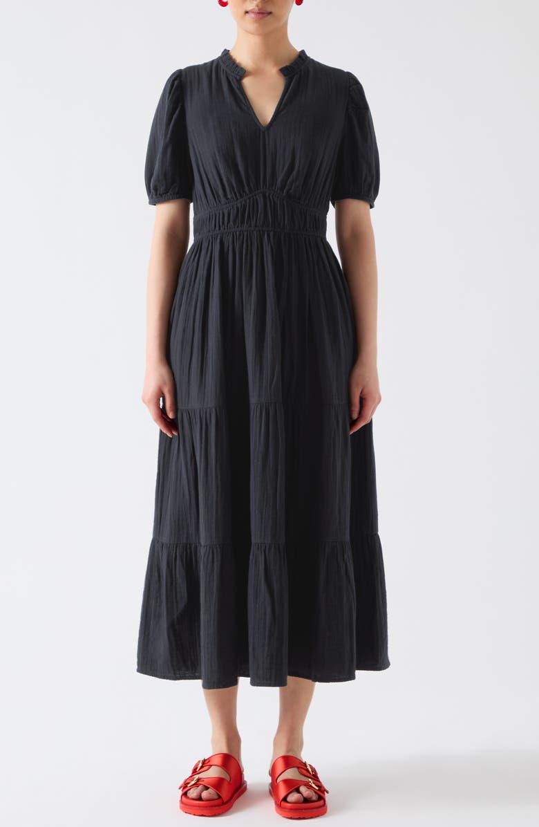 LK Bennett Felicity Short Sleeve Gathered Cotton Midi Dress, Main, color, Spring Navy