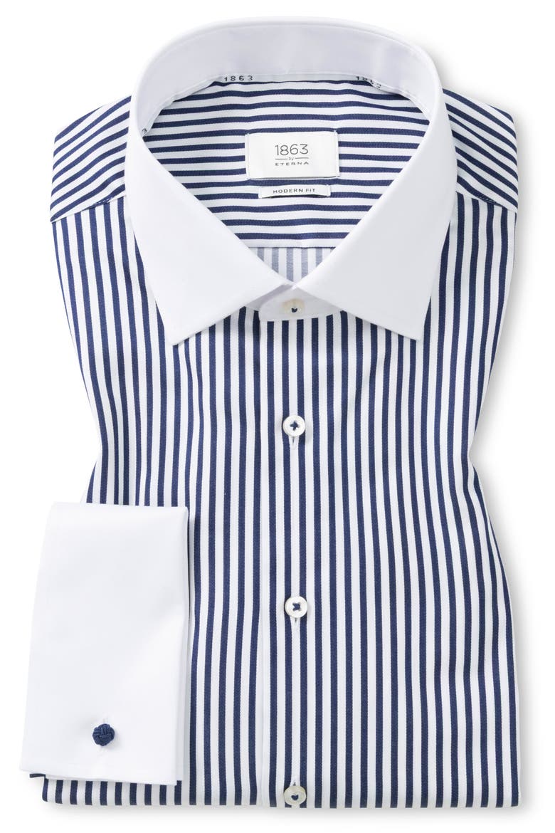 Modern Fit Stripe Non-Iron Cotton Dress Shirt, Main, color, NAVY