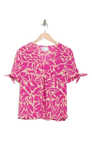 Nordstrom Rack V-neck Tie Short Sleeve Top In Pink- Tan Abstract Animal