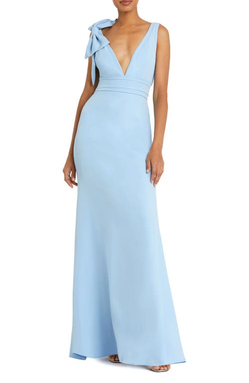 Mac Duggal Bow Shoulder V-neck Gown In Powder Blue