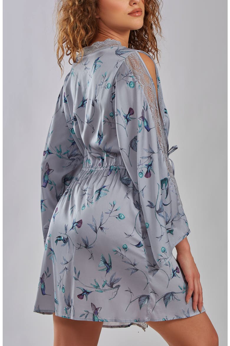 Hummingbird Print Cold Shoulder Lace Trim Satin Robe, Alternate, color, GRAY