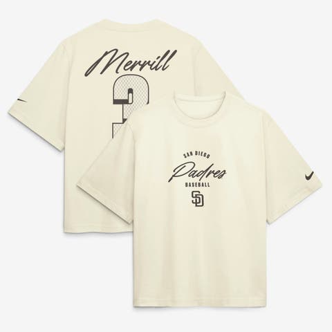 Women's Nike Jackson Merrill Cream San Diego Padres Premium Essentials Boxy Name & Number T-Shirt