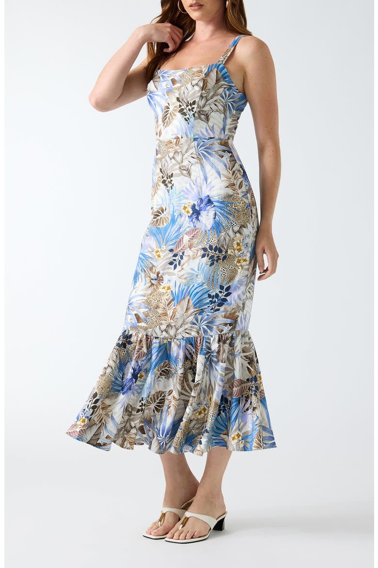Rory Tropical Print Mermaid Hem Midi Dress, Alternate, color, BROWN MULTI