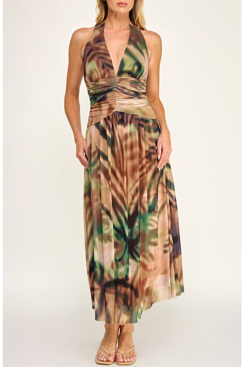 Abstract Print Mesh Halter Dress, Main, color, TAN/ GREEN