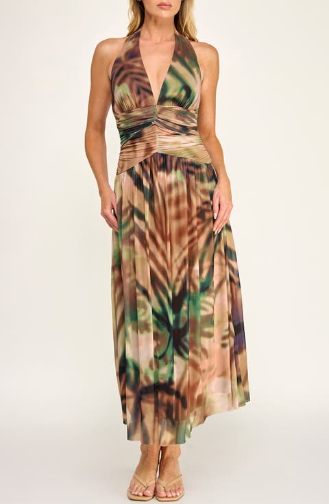 Abstract Print Mesh Halter Dress