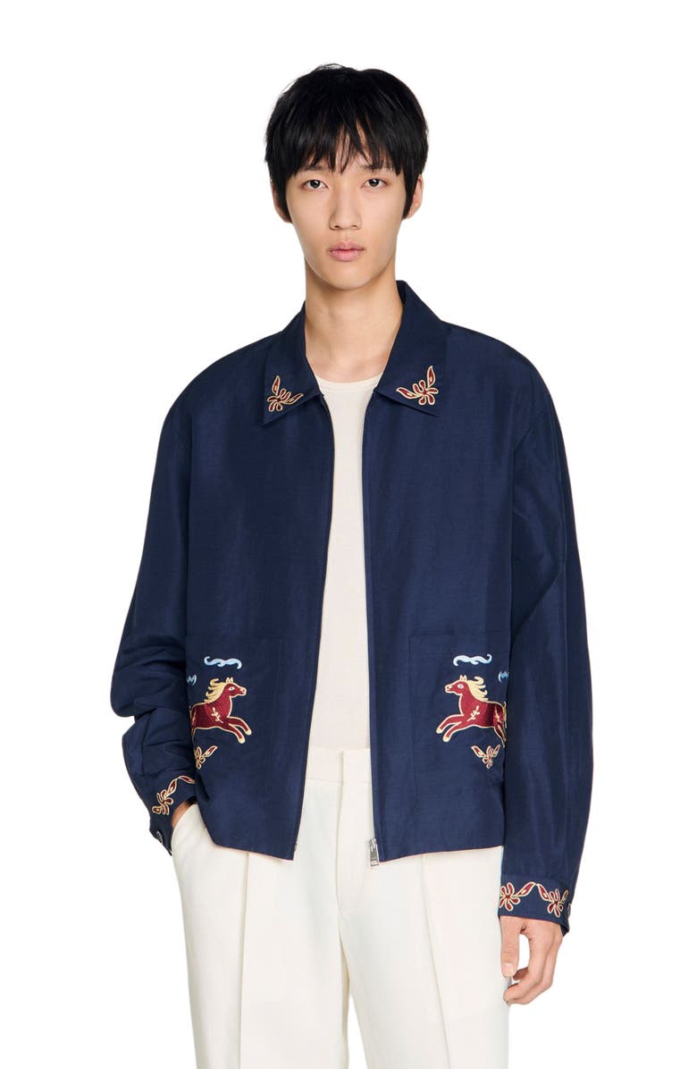 SANDRO Embroidered wing collar jacket, Alternate, color, Navy Blue