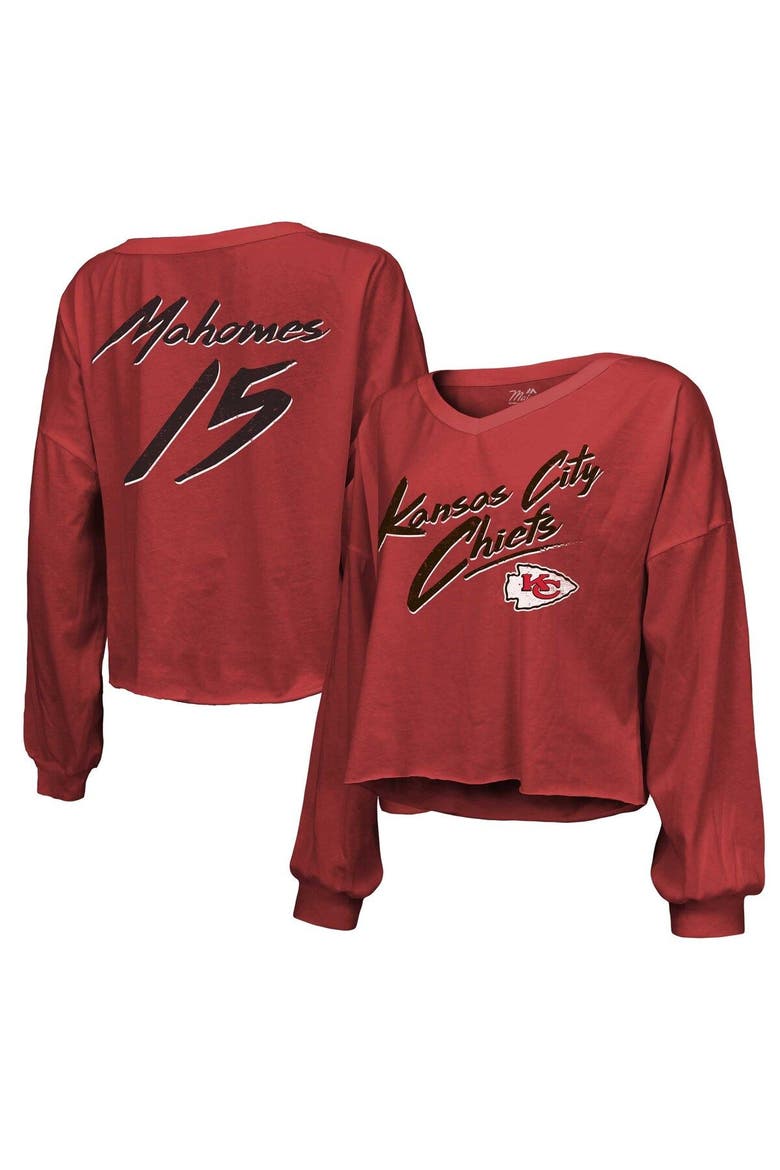 Women's Majestic Threads Patrick Mahomes Red Kansas City Chiefs Name & Number Off-Shoulder Script Cropped Long Sleeve V-Neck T-Shirt, Main, color, Red