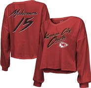 Majestic Threads Women's Majestic Threads Patrick Mahomes Red Kansas City Chiefs Name & Number Off-Shoulder Script Cropped Long Sleeve V-Neck T-Shirt