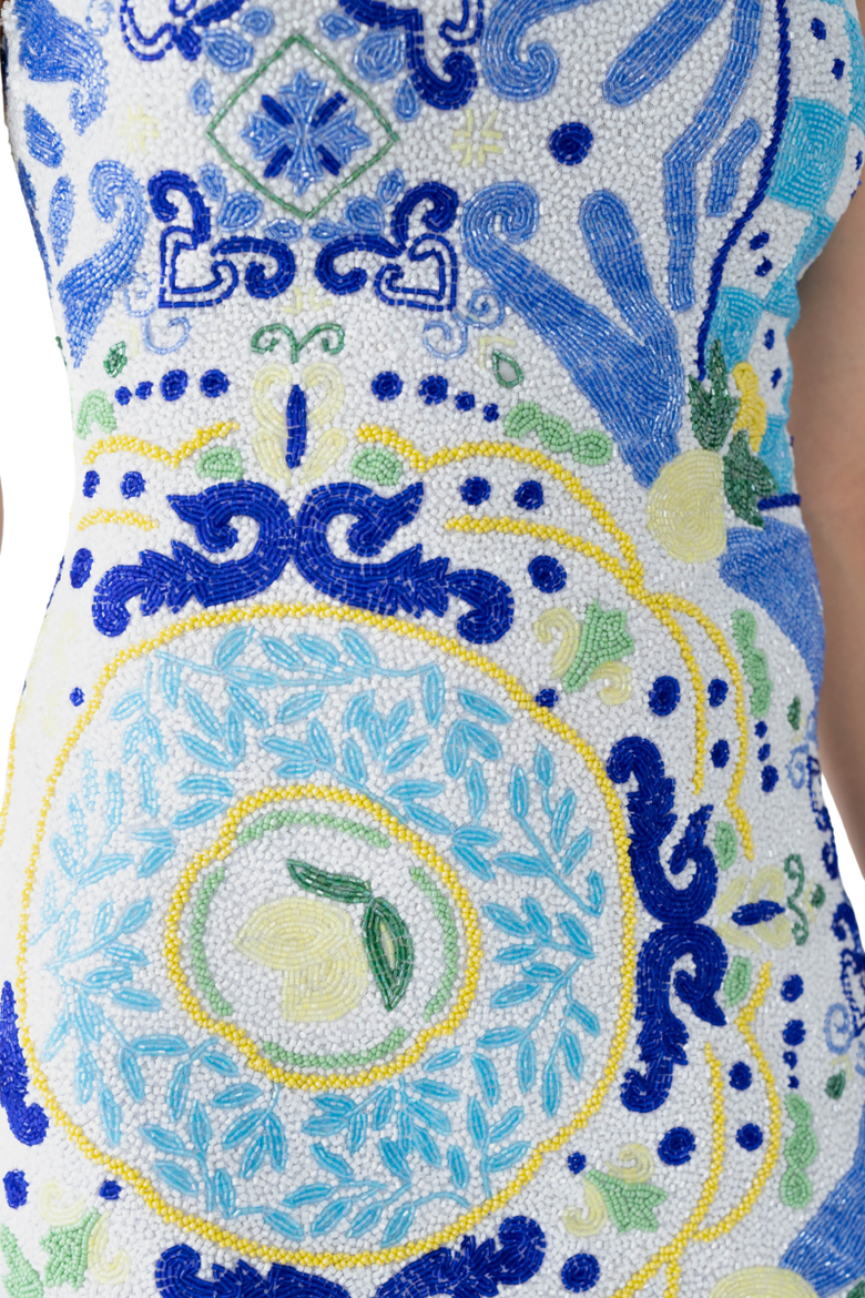 Limoncello Hand Beaded Embellished Mini Dress, Alternate, color, White/Blue