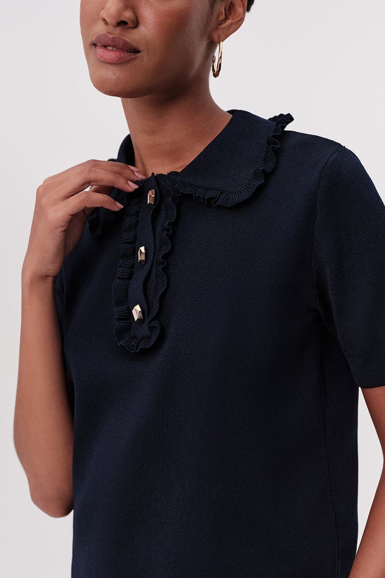 Parker Ruffle Collar Short Sleeve Knit Blouse, Alternate, color, Navy