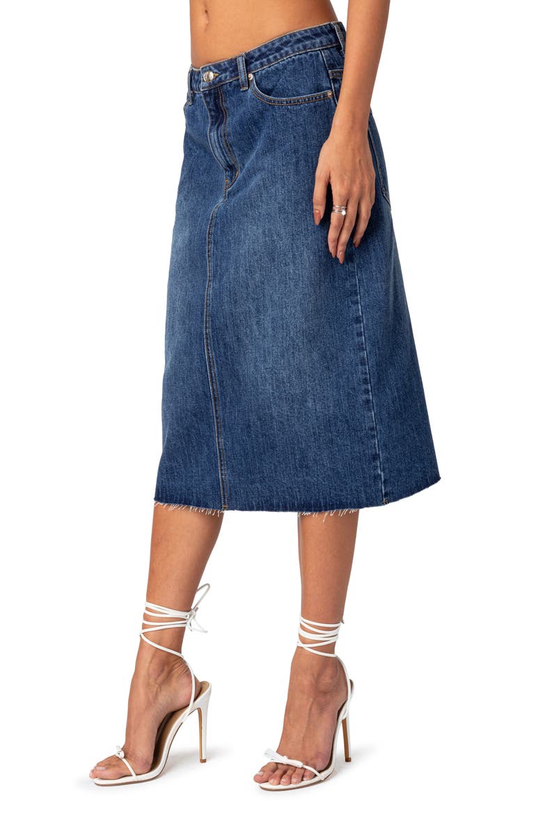 EDIKTED Mirah Raw Hem Denim Midi Skirt, Alternate, color, Dark-Blue-Washed