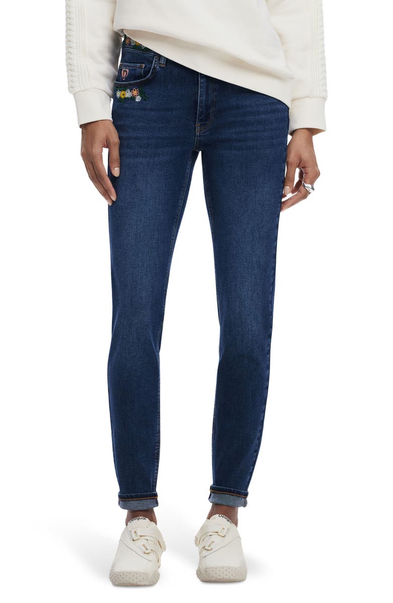Desigual Floral Embroidered Slim Leg Jeans, Main, color, Dark Blue