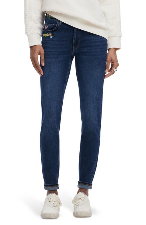 Floral Embroidered Slim Leg Jeans