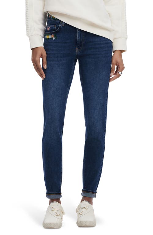 Desigual Floral Embroidered Slim Leg Jeans In Dark Blue