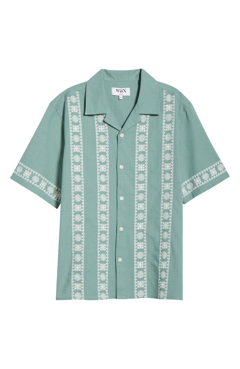 Wax London Didcot Embroidered Cotton & Linen Camp Shirt, Main, color, Sea Green / Ecru