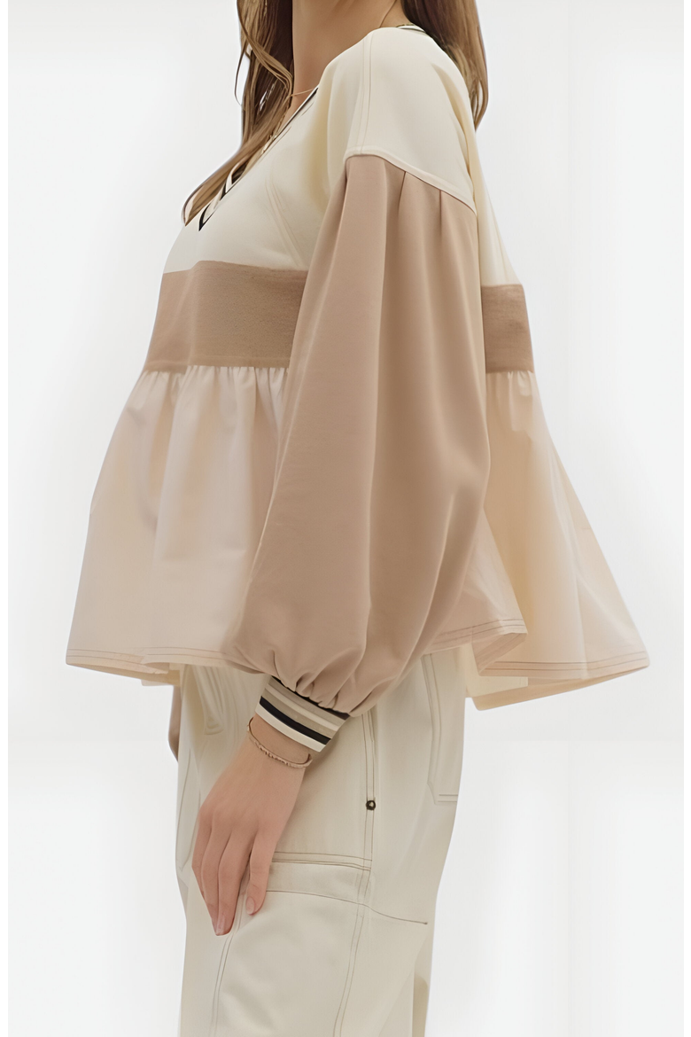 Colorblock V-Neck Top with Peplum Hem, Alternate, color, Beige