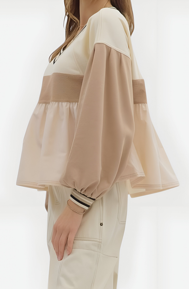 Modenaire Colorblock V-Neck Top with Peplum Hem, Alternate, color, Beige