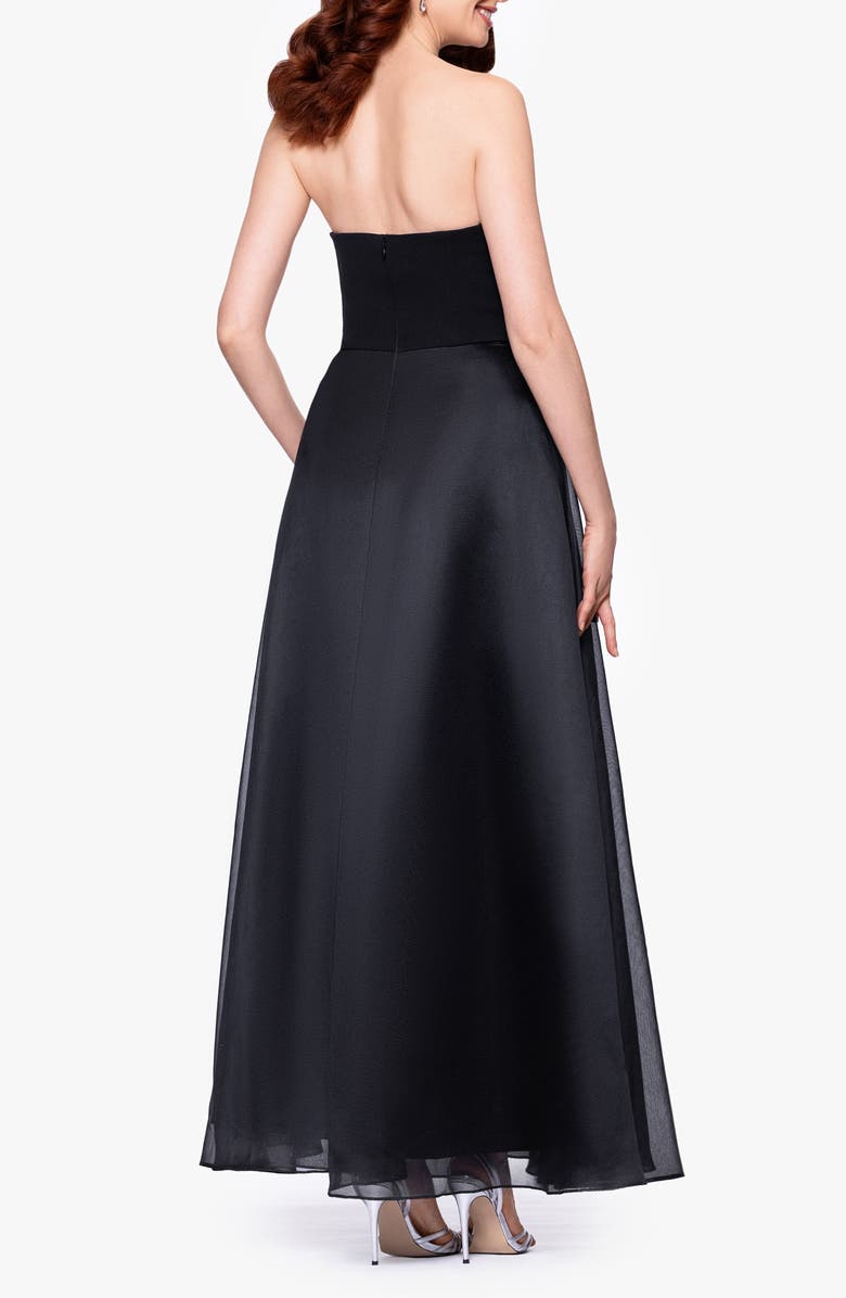 Betsy & Adam Ruffle Strapless Mixed Media Gown, Alternate, color, Black