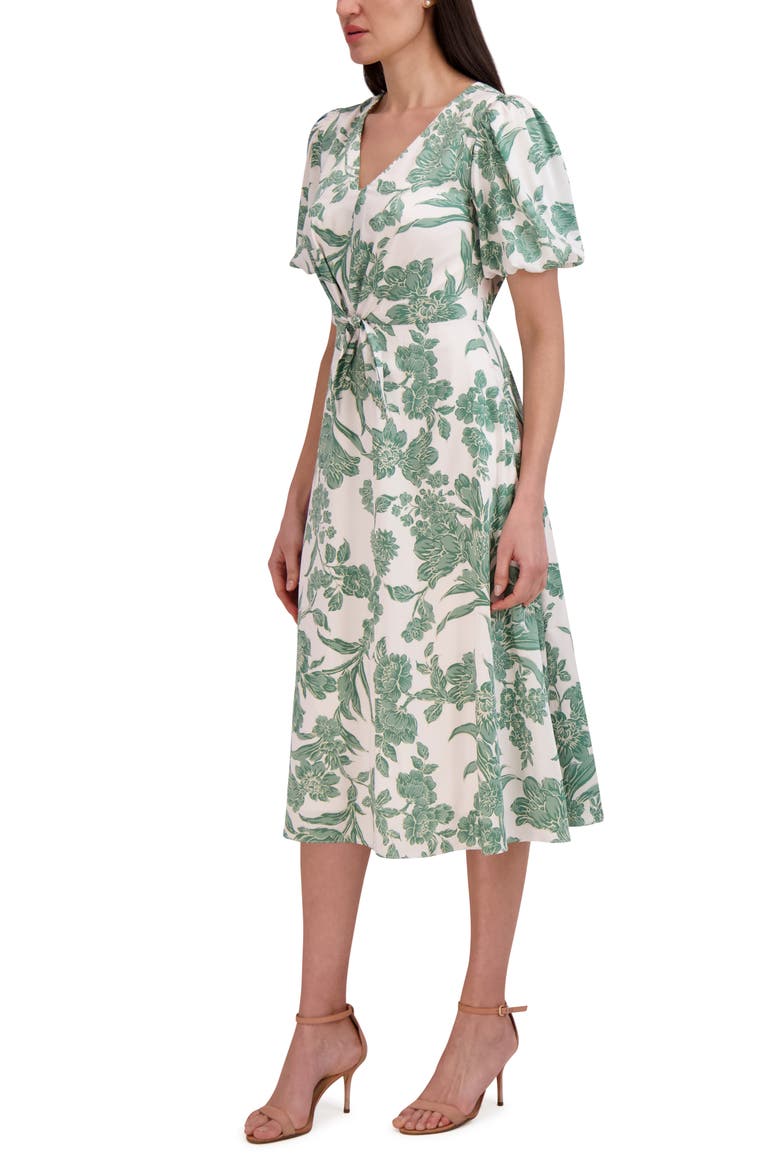 Floral Puff Sleeve Tie Waist Midi Dress, Alternate, color, GREEN-IVORY