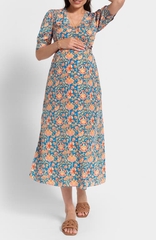 Seraphine Pleated A-line Midi Maternity Dress In Blue Multi
